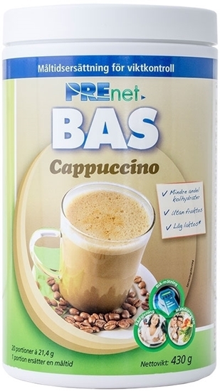 Prenet BAS low-carb cappuccino, högkvalitativ måltidsersättning för effektiv viktkontroll.