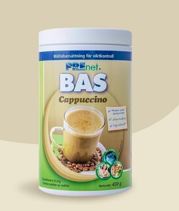 Prenet BAS low-carb cappuccino, högkvalitativ måltidsersättning för effektiv viktkontroll.	